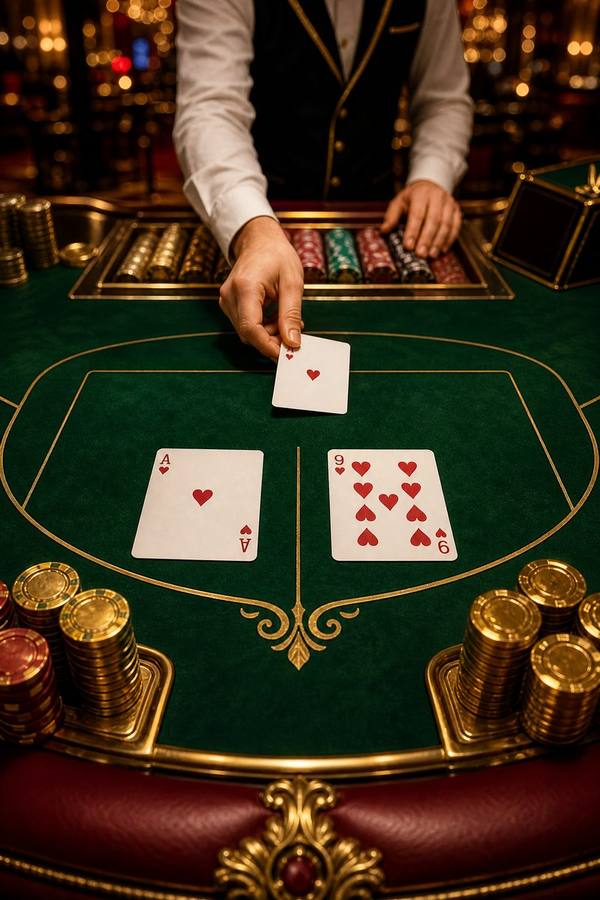 Ilustrasi meja baccarat live dengan dealer di Mpo1221