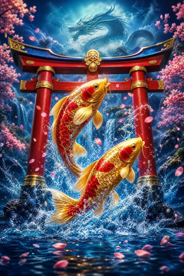 Ilustrasi permainan slot Koi Gate bertema ikan koi dan gerbang torii di Mpo1221