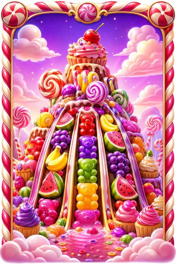 Ilustrasi permainan slot Sweet Bonanza bertema permen dan buah di Mpo1221